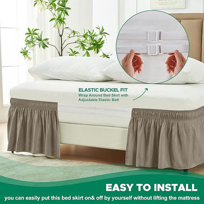 Biscaynebay Wrap Around Bed Skirts for King & Cal King Beds Short Drop of 12", Taupe Adjustable Elastic Dust Ruffles Easy Fit Wrinkle Resistant Silky Luxurious Fabric Machine Washable