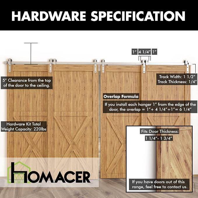 Homacer Brushed Nickel Single Track Bypass Sliding Barn Door Hardware Kit - Image 5