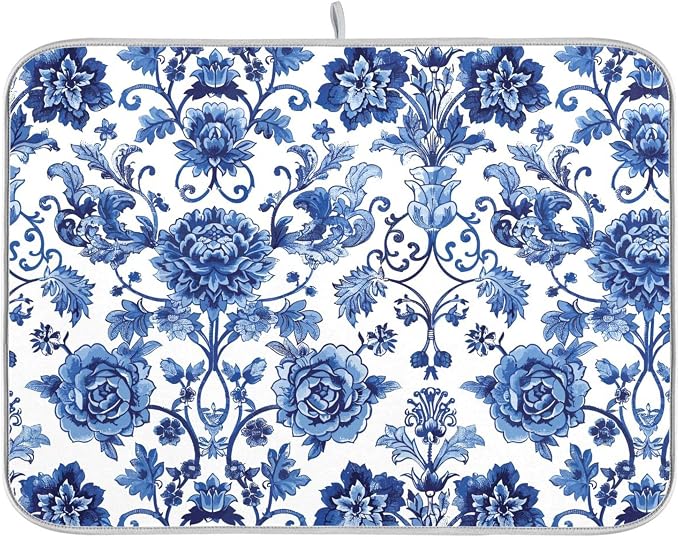 Blue White Porcelain Peony Dish Drying Mat by Wamika