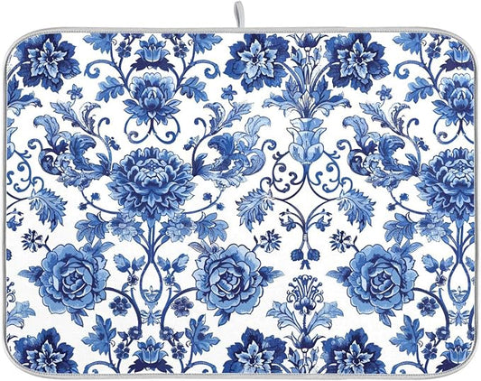 Blue White Porcelain Peony Dish Drying Mat by Wamika