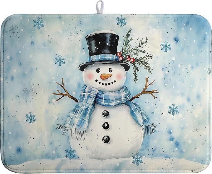 Snowman Super Absorbent Dish Drying Mat, 18x24 Inch, Winter Blue Snowflake Dish by Wnoesat