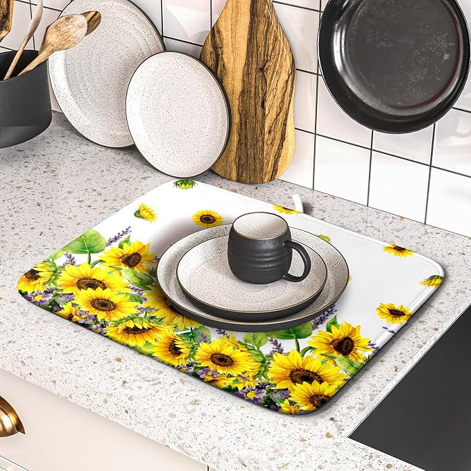 Sunflower Dish Drying Mat for Kitchen Counter 18x16 Inch Floral Lavender Drying - Image 2