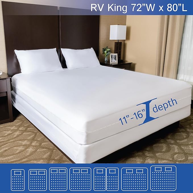 RV King Zippered Mattress Protector (72" Wx80 L) - Waterproof Encasement Premium Hypoallergenic Bed Cover Protects Against Bedbugs Dust Allergies - Breathable, Noiseles