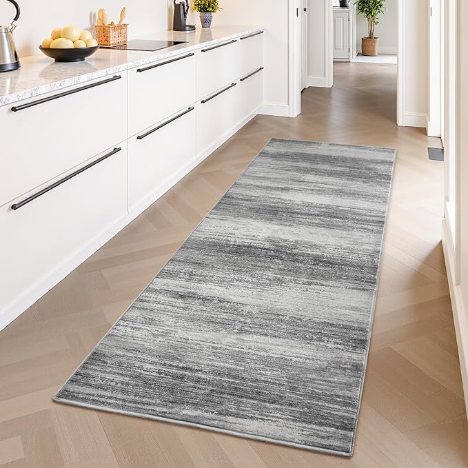 PADOOR Modern Abstract Runner Rug - 2x10 Washable Hallway Rugs, Ultra Soft Non-Slip Low Pile Floor Rugs for Hallway Entryway Kitchen Bedroom Bedside Laundry Room Black