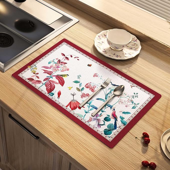 Dish Drying Mat Absorbent Floral Coffee Mat Rubber Backed Soft Silicone Bird by ARTBLOSS