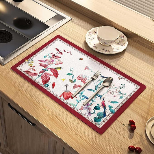 Dish Drying Mat Absorbent Floral Coffee Mat Rubber Backed Soft Silicone Bird by ARTBLOSS