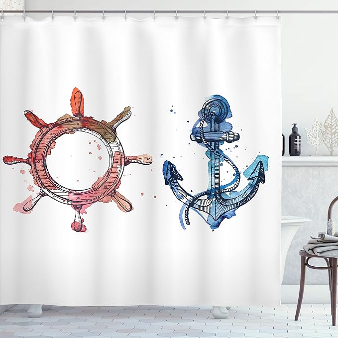 Ambesonne Nautical Shower Curtain, Illustration of an Anchor and Steering Wheel by Ambesonne