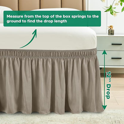Biscaynebay Wrap Around Bed Skirts for King & Cal King Beds Short Drop of 12", Taupe Adjustable Elastic Dust Ruffles Easy Fit Wrinkle Resistant Silky Luxurious Fabric Machine Washable