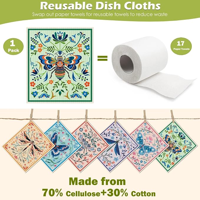 6 Packs Swedish Paper Cloths for Kitchen, Reusable Paper Towels Washable Dish - Image 3