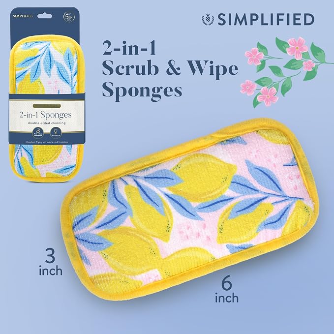 Simplified 5-Pack Scrub & Wipe 2-in-1 Dishwashing Sponges - Image 6