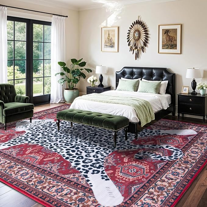 Oriental Leopard Rug 6x9 ft Washable Traditional Red Persian Rug - Image 9