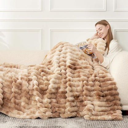 Cozy Bliss Faux Fur Throw Blanket for Couch, Cozy Warm Plush Striped Blanket for Sofa Bedroom Living Room, 60 * 80 Inches Tie-dye Khaki