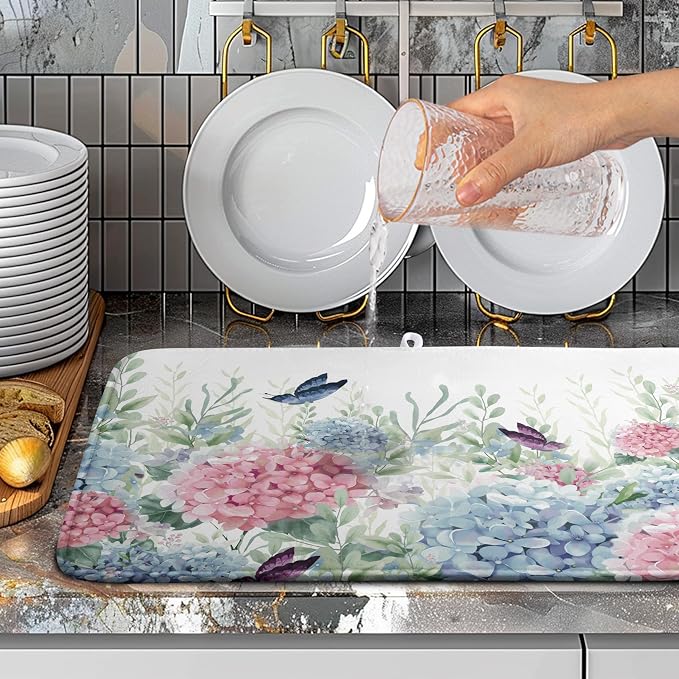 Spring Flowers Dish Drying Mat for Kitchen Counter Blue Pink Hydrangea Floral - Image 5