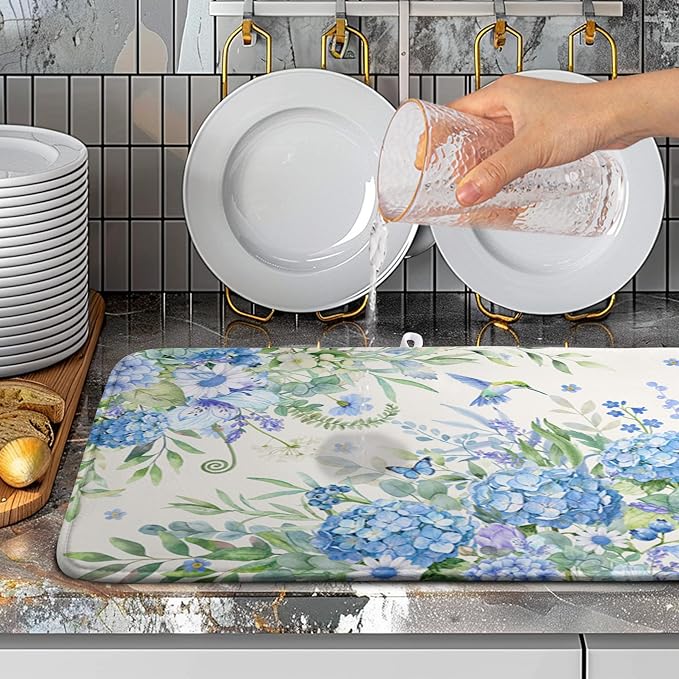 Blue Hydrangea Dish Drying Mat for Kitchen Counter 18 x 24 Inch Spring Floral - Image 5