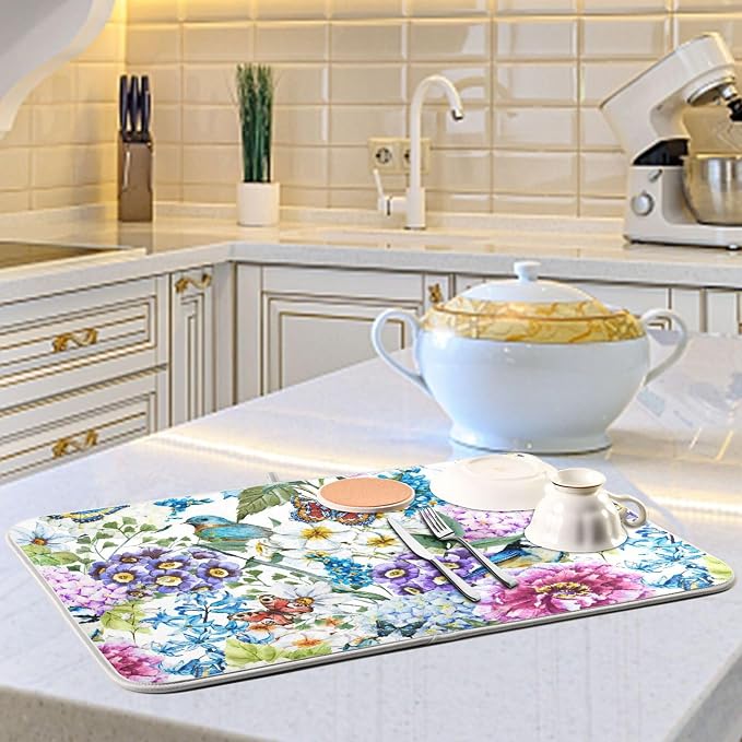 Floral Birds Dish Drying Mat for Kitchen Spring Globe Daisy Butterfly Flowers - Image 6