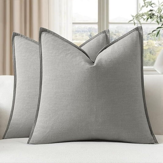 EMEMA Decorative Linen Throw Pillow Covers 22x22 Inch Light Grey Boho Farmhouse Neutral Couch Throw Pillows for Bed Pack of 2 Accent Pillowcase Modern Sofa Cushion Livingroom Home