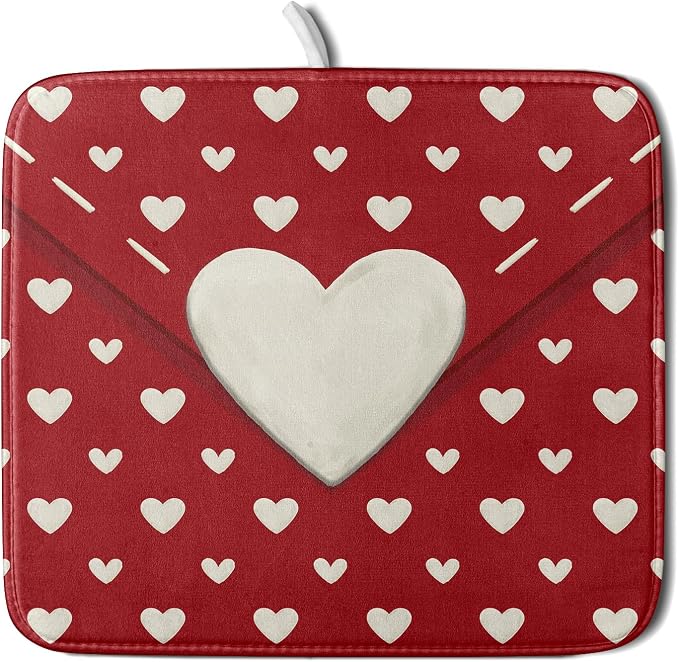 Valentines Day Dish Drying Mat for Kitchen Counter 16x18 Cream Red Love Heart by Aytipun