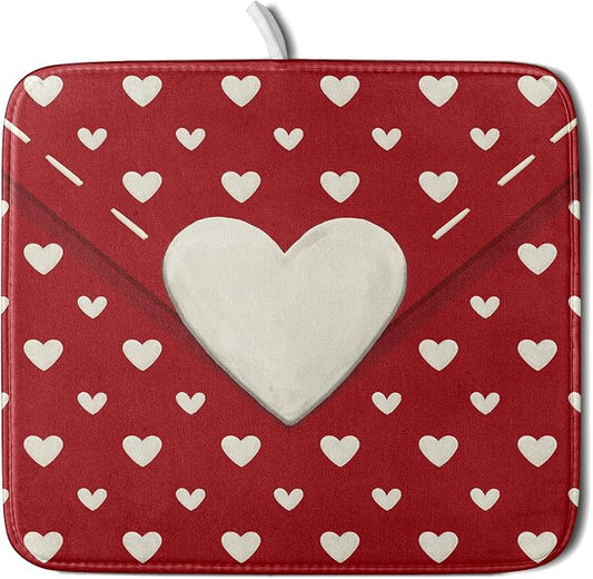 Valentines Day Dish Drying Mat for Kitchen Counter 16x18 Cream Red Love Heart by Aytipun