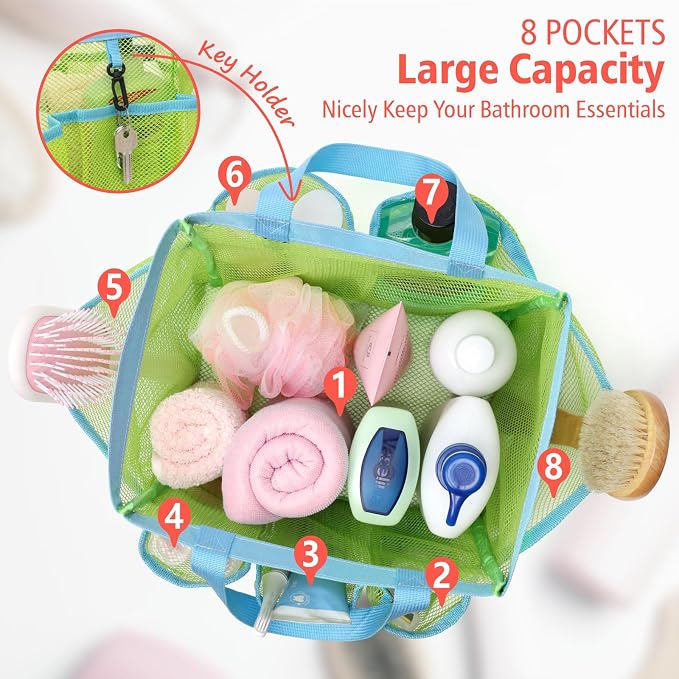 F-color Mesh Shower Caddy Portable, Upgrade Deeper 7 Pockets Shower Bag Basket - Image 2