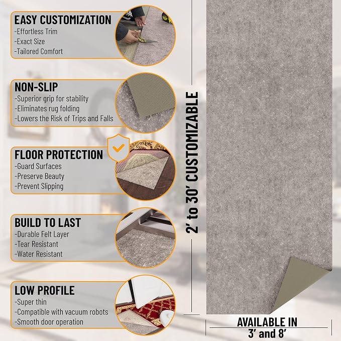 Ottomanson 3' x 9' Non-Slip Rug Pad Gripper 1/4 Inch Thick Dual Surface Felt + - Image 2