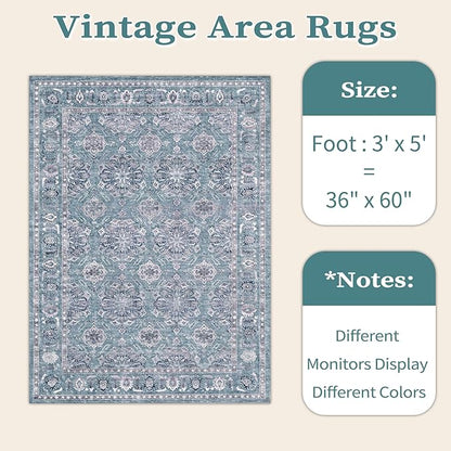 SERISSA 3x5 Boho Floral Area Rugs for Bedroom, Washable Kitchen Rugs Non-Slip, Ultra Soft Print Distressed Vintage Blue Grey Entry Rug Low-Pile Throw Rug Carpet for Bedroom Living Room Dorm Decor