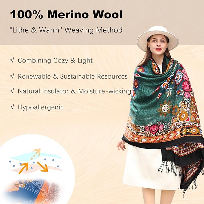 DANA XU 100% Merino Wool Pashmina Shawl for Women 96"x43", Oversized Cashmere Wrap with Tassels, Floral Travel Blanket Cape