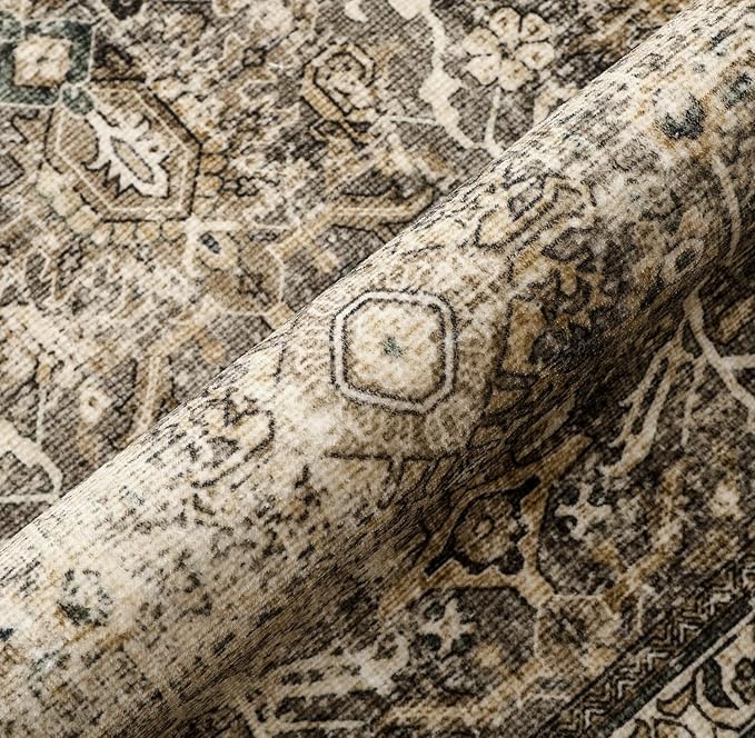 Vintage Area Rug 5x7 Brown Washable Living Room Large Carpet Non Slip Bedroom Indoor Office Low Pile Traditional Distressed Retro Accent Rug for Dining Room Bathroom Kitchen