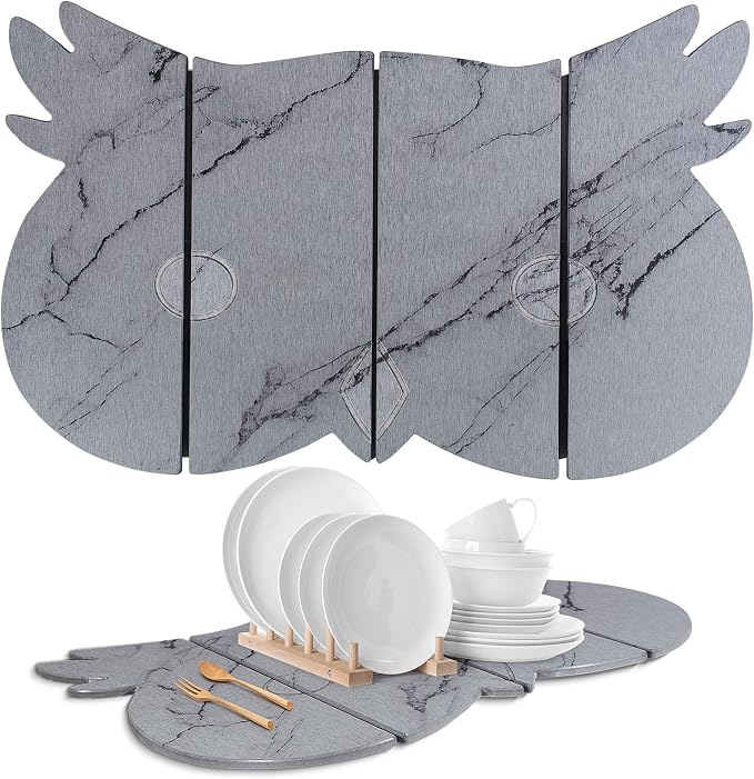 Large Stone Dish Drying Mat for Kitchen Counter, Owl Shape Design Drying Pads by GREENRAIN