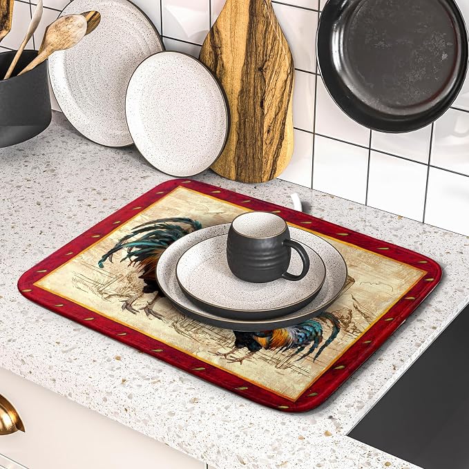 Farm Rooster Dish Drying Mat for Countertop 16x18 Inches Red Rustic Chicken - Image 5
