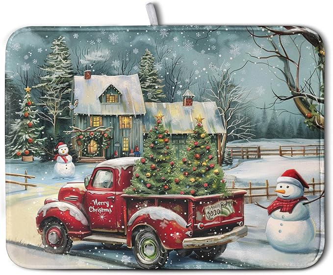 Christmas Red Truck Xmas Tree Snowman Dish Drying Mat by Wnoesat