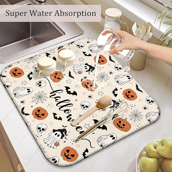 Halloween Dish Drying Mat for Kitchen Counter, Horror Halloween Pumpkin Skull - Image 5