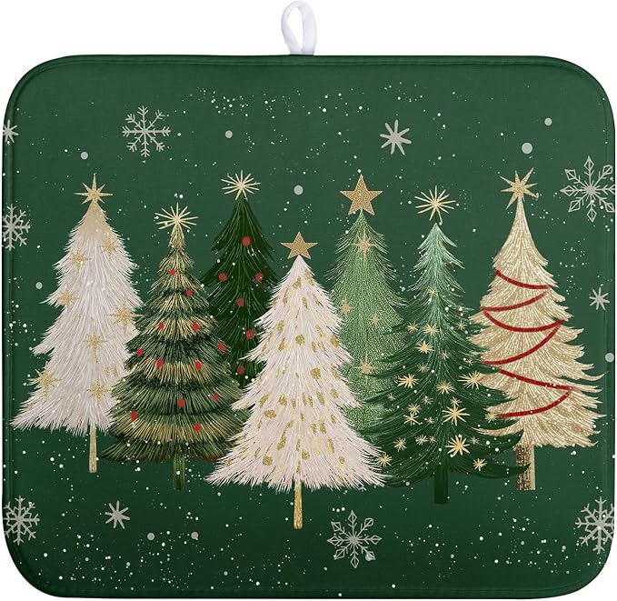 Green Christmas Tree Snowflakes Dish Drying Mat by Wnoesat