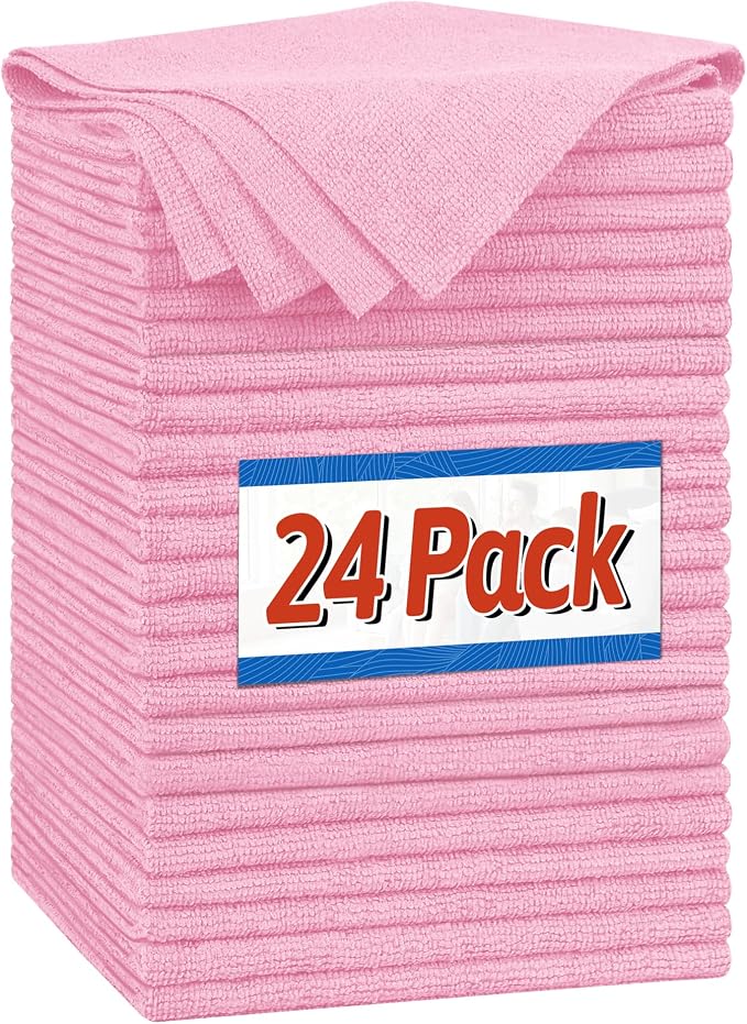 FIXSMITH Microfiber Cleaning Cloth, Shop Towels Bulk, 24 Pack Pink Microfiber by FIXSMITH
