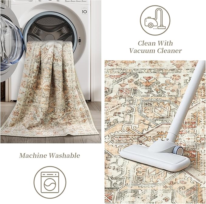 zesthome 5x7 Washable Rug-Stain Resistant Area Rugs for Living Room, Ultra-Thin Vintage Rugs, Non-Slip Backing Rug, Low Pile Large Area Rug, Boho Home Decor