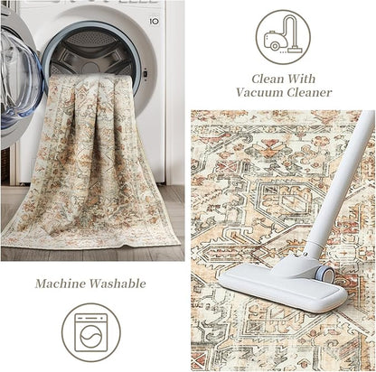 zesthome 5x7 Washable Rug-Stain Resistant Area Rugs for Living Room, Ultra-Thin Vintage Rugs, Non-Slip Backing Rug, Low Pile Large Area Rug, Boho Home Decor