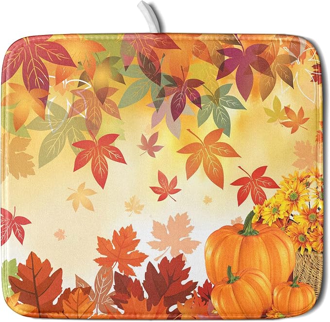 Autumn Fall Dish Drying Mat for Kitchen Counter Pumpkin Maple Leaves Drying Mat by Sweetshow