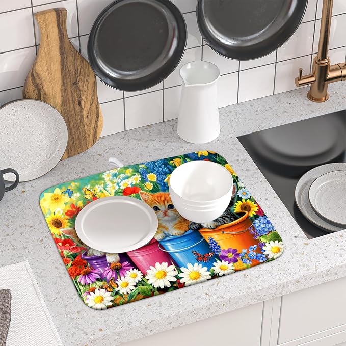 Funny Absorbent Dish Drying Mat Spring Cat Dish Drying Mats - Image 6
