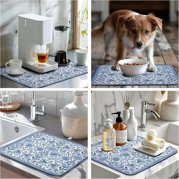 Blue Floral Dish Drying Mat for Kitchen Counter Boho Flowers Dishes Drainer - Image 7