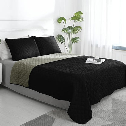 Easy-Going Twin Size Reversible Quilt Set with 1 Quilt and 1 Pillow Shams, Soft Bed Quilt Cover, Water Resistant Lightweight Microfiber Bedspread, Stain Resistant, Black/Beige