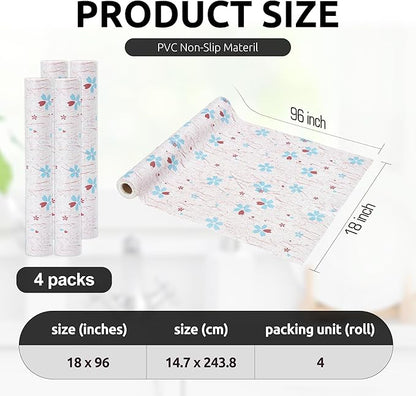 RAY STAR 18X96 Inch Shelf Liner for Kitchen Cabinets, Non-Adhesive Cabinet Liner Washable, PVC Drawer Liner for Dresser Non-Slip Bathroom (Blue-Floral)(4 Roll)