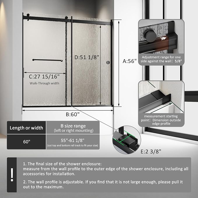 Bathtub Sliding Door 60" W x 56" H, Tub Shower Door, Frameless Bypass Double - Image 4