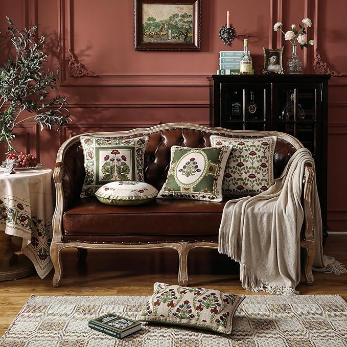 ISAENNE Design Linen Square Throw Pillow Covers 18"x18" Pack of 2, Yellow Green French Cushion Covers with Red Rose Floral Pattern Decoration Pillowcases for Bed, Living Room, Outdoor, Car
