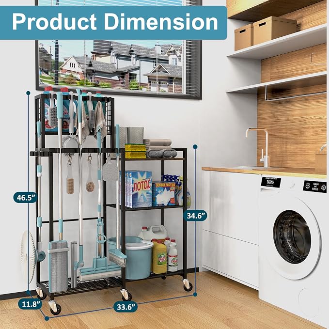 Broom Holder with Cleaning Supplies Organizer, Cleaning Cart with Broom Hanger - Image 2