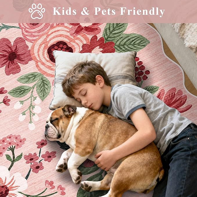 DUKINO 4x6 Area Rug, Floral Non-Slip Indoor Washable Rug with Low Pile & Non-Shedding, Lightwight Boho Design Carpet for Entryway, Bedroom, Kids Room, Living Room, Kitchen, Pink