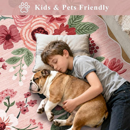 DUKINO 4x6 Area Rug, Floral Non-Slip Indoor Washable Rug with Low Pile & Non-Shedding, Lightwight Boho Design Carpet for Entryway, Bedroom, Kids Room, Living Room, Kitchen, Pink