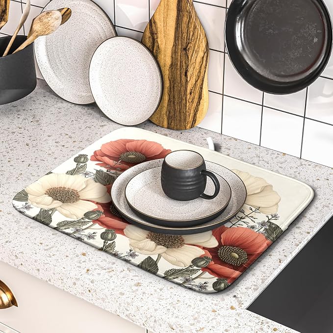Floral Dish Drying Mat for Kitchen Counter 18x16 Inch Beige Pink Big Flower - Image 2