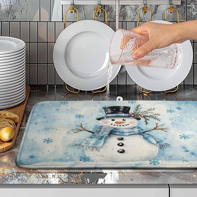 Snowman Super Absorbent Dish Drying Mat, 18x24 Inch, Winter Blue Snowflake Dish - Image 5
