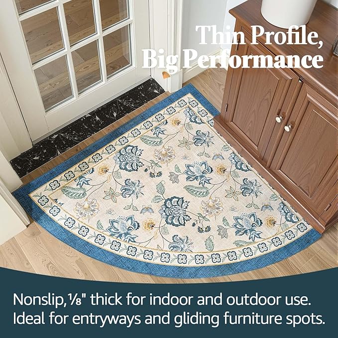 jinchan Elora Floral Corner Rug for Entryway Washable Rug Vintage Romance Design Non Slip Quarter Circle Lightweight Low-Pile Throw Carpet for Playroom Reading Nook Nursery, 4ft Radius, Blue/Beige