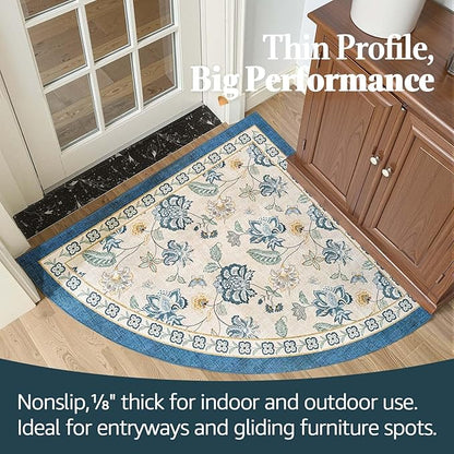 jinchan Elora Floral Corner Rug for Entryway Washable Rug Vintage Romance Design Non Slip Quarter Circle Lightweight Low-Pile Throw Carpet for Playroom Reading Nook Nursery, 4ft Radius, Blue/Beige