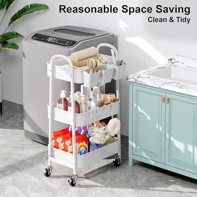 3 Tier Heavy Duty White Metal Rolling Cart - Image 5